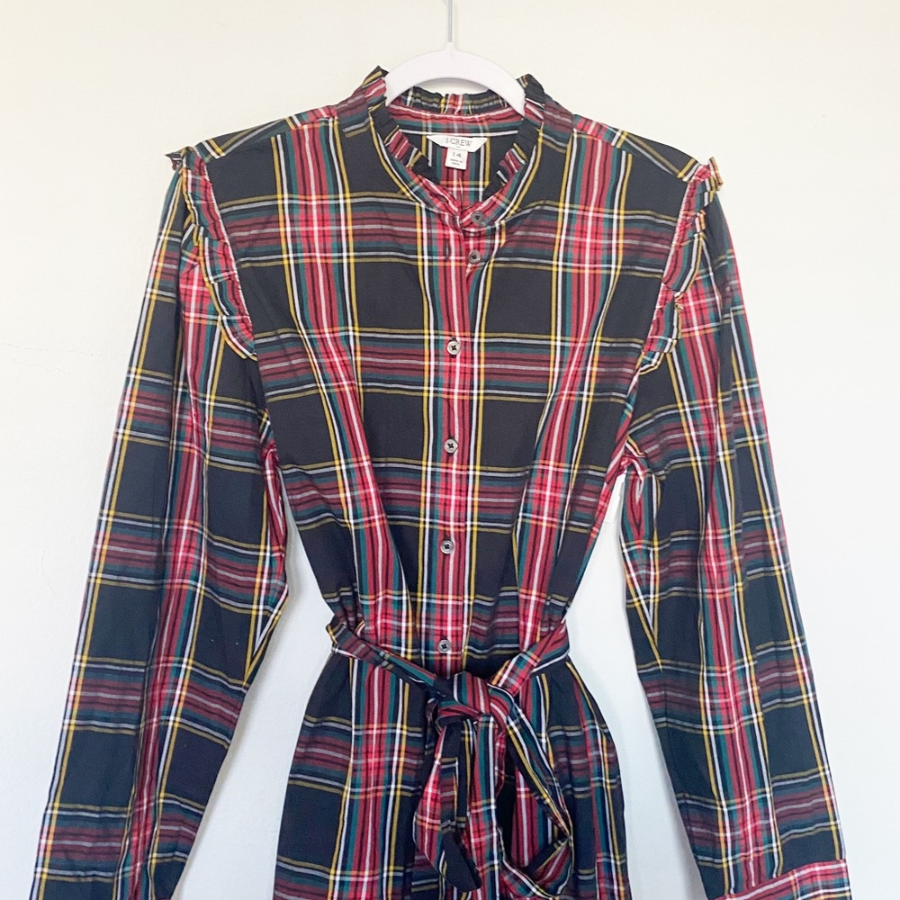 J. Crew Factory Ruffle Neck Shirt Dress Stewart Plaid Size 14 Holiday Christmas - Picture 6 of 13